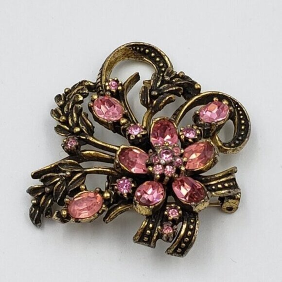 Vintage Signed Coro Flower Brooch Pink Gold Tone - Picture 6 of 14
